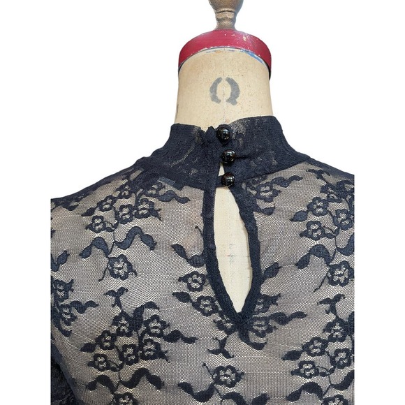 Forever 21 Womens Blouse Black Floral Lace Mesh Sheer Long Sleeves Mock Neck S - Picture 5 of 8